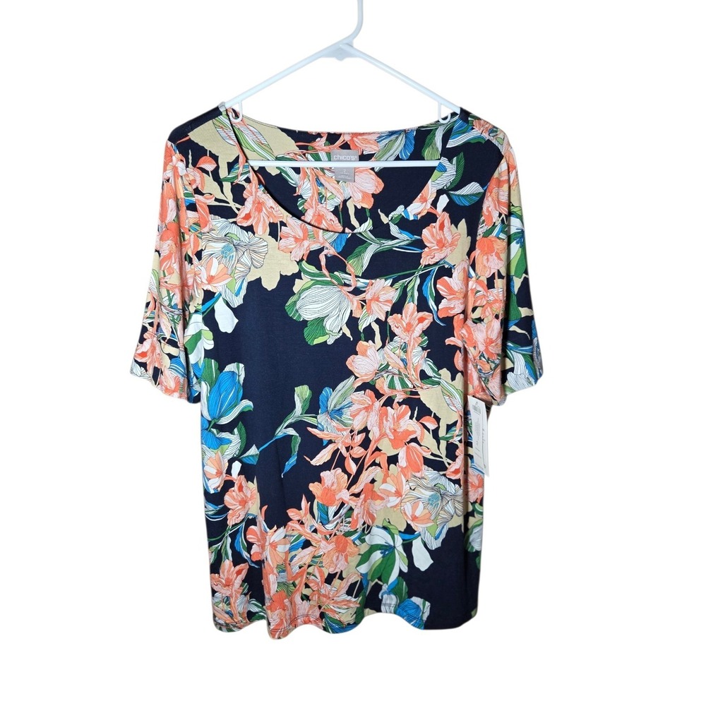 Chico's Blue Coral Tropical Floral Short Sleeve T Shirt Top 2 (L/12) NWT